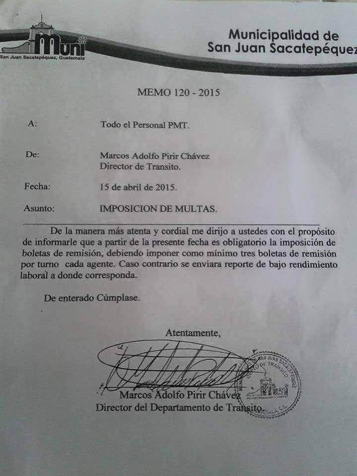 Memo de PMT de San Juan Sacatepéquez