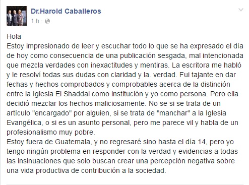 Harold Caballeros reacciona en facebook